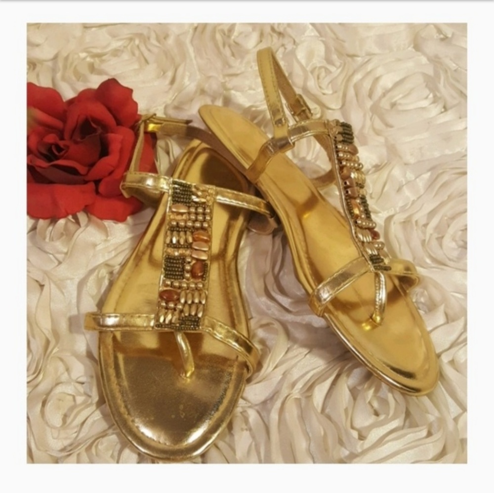 Sandals Women Metallic Gold Beaded - Sz 7.